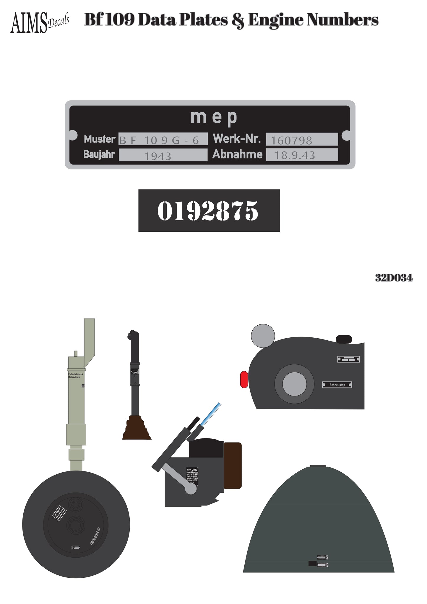 Aims AIMS32D034 1:32 Messerschmitt Bf-109 Data Plates and engine numbers