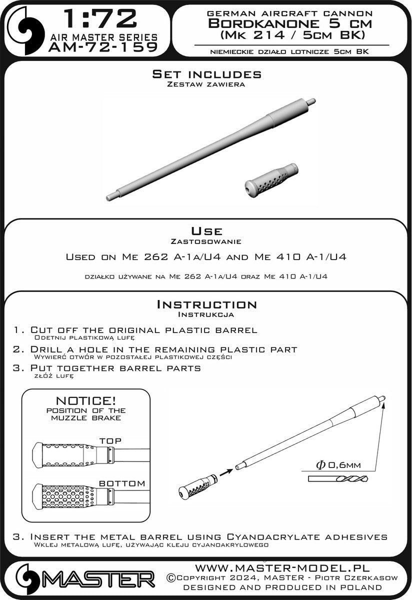 Master AM-72-159 1:72 German cannon Bordkanone 5cm with resin muzzle