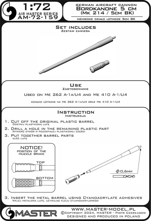 Master AM-72-159 1:72 German cannon Bordkanone 5cm with resin muzzle