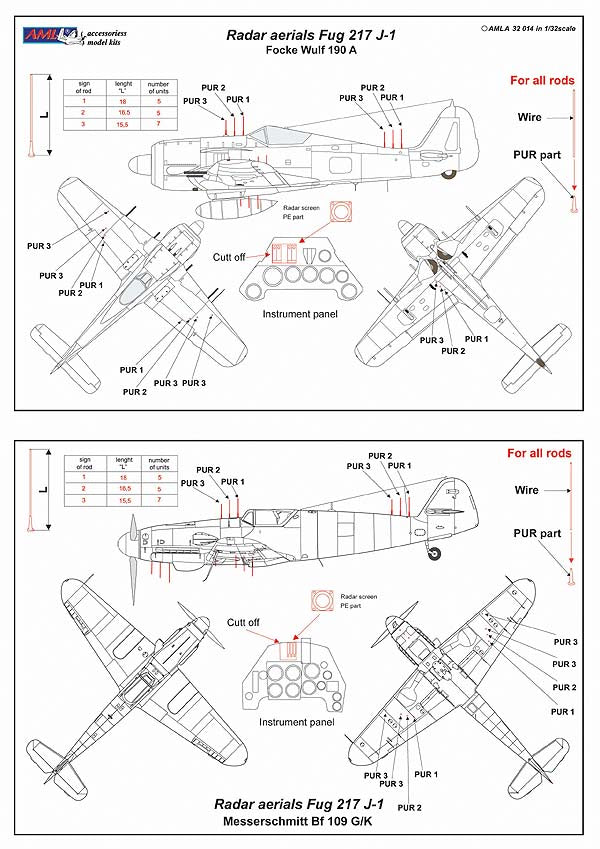 AML A32014 Radar Aerials FuG 217J-1 for Fw-190A/Bf-109G/K 1:32