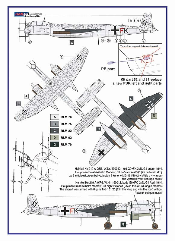 AML AMLA32026 1:32 Heinkel He-219A-0/R6/He-219A-2 The conversion set with decals