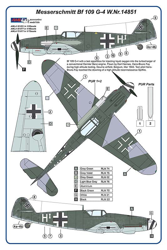 AML AMLA72077 1:72 Messerschmitt Bf-109G-4 W.Nr14851 resin parts and decals only