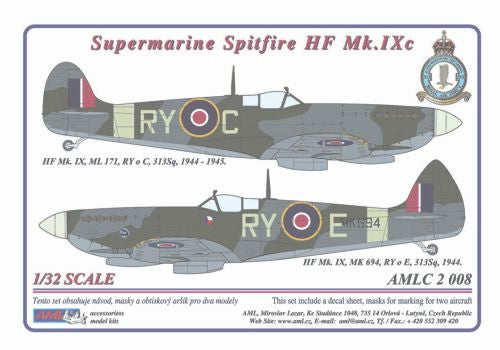 AML AMLC2008 1:32 Supermarine Spitfire Mk.IXC 2 decal versions : RY-C , RY-E