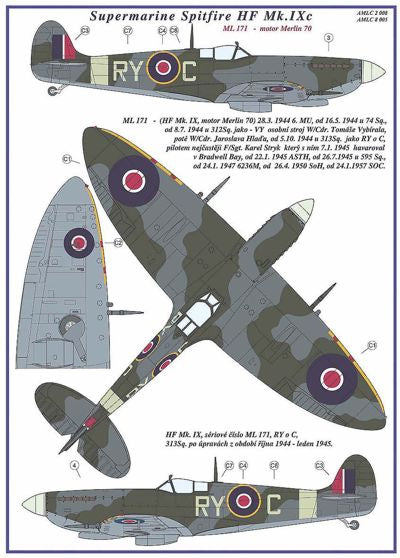 AML AMLC2008 1:32 Supermarine Spitfire Mk.IXC 2 decal versions : RY-C , RY-E