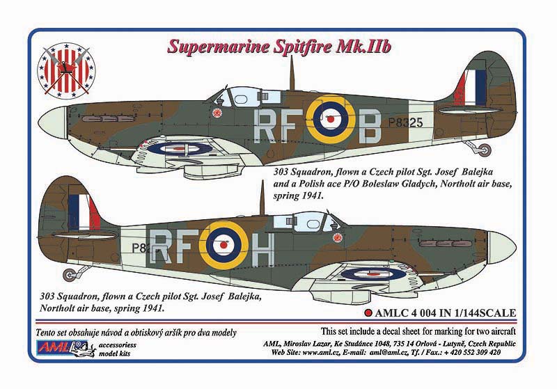 AML C4004 303 Sqn RAF Spitfire Mk.IIb Sgt. J. Balejka Decals 1:144