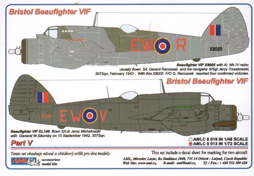AML AMLC9013 1:72 Bristol Beaufighter / Part V 2 decal versions : WMoR, WMoV