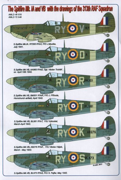 AML D72046 Spitfire Mk.Ia/Mk.1/VB 313th RAF Sqn Drawings 1:72