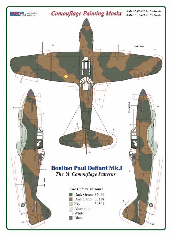 AML AMLM49026 1:48 Boulton-Paul Defiant Mk.I "A" camouflage pattern paint masks