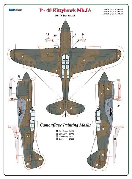 AML AMLM49030 1:48 Curtiss P-40 Kittyhawk Mk.IA camouflage masks of 75