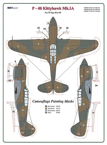 AML AMLM49030 1:48 Curtiss P-40 Kittyhawk Mk.IA camouflage masks of 75
