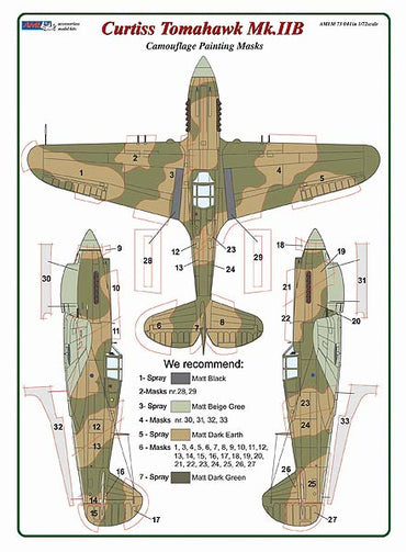 AML AMLM73041 1:72 Curtiss Tomahawk Mk.IIB camouflage pattern paint masks