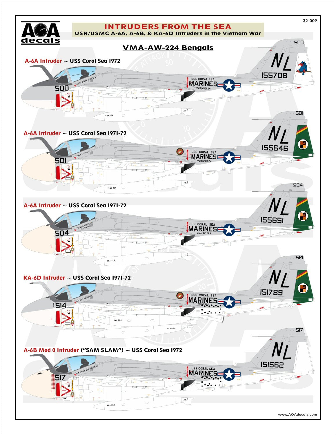 AOA 32009 USN/USMC A-6A/B/KA-6D Intruder Vietnam Decals 1:32