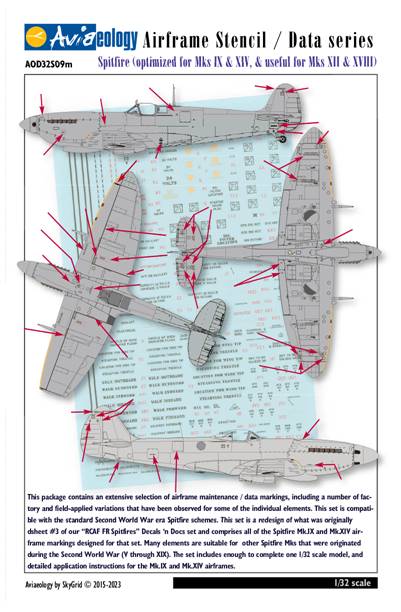Aviaeology AOD32S09M 1:32 Supermarine Spitfire airframe stencil/data