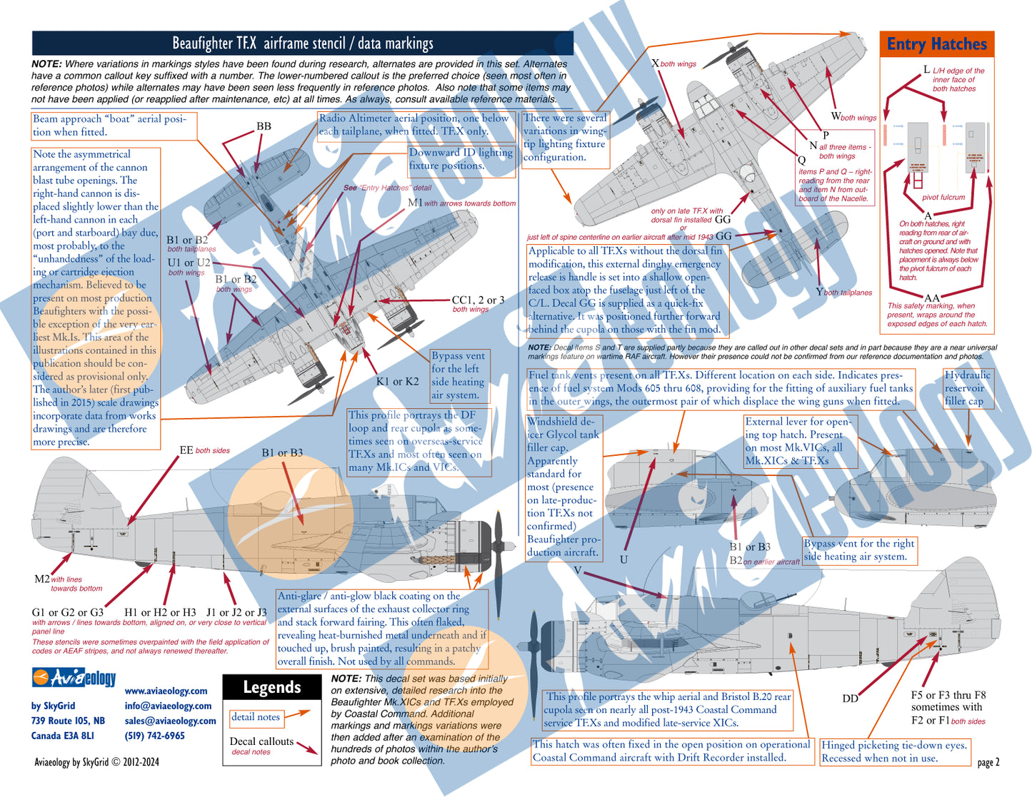 Aviaeology AOD48S02M1 1:48 Bristol Beaufighter airframe stencil/data markings