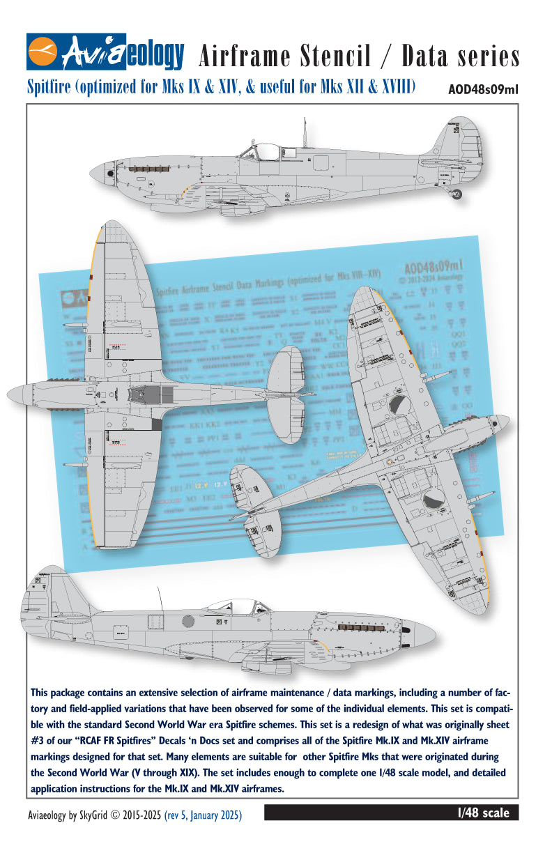 Aviaeology AOD48S09M1 1:48 Supermarine Spitfire airframe stencil/data markings