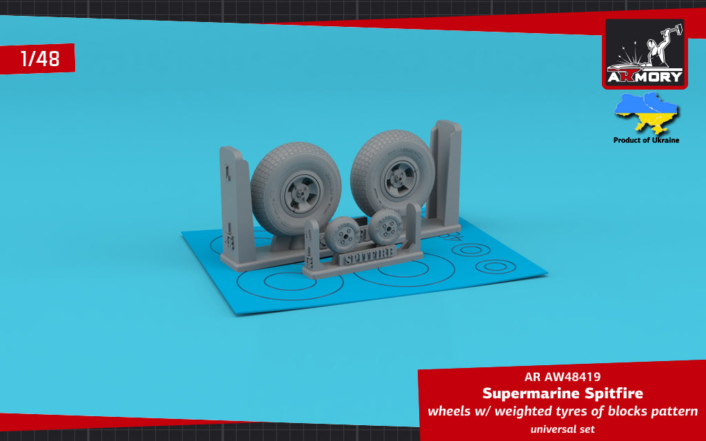 Armory ARAW48419 1:48 Spitfire Block Pattern & 4-Spoke Hubs Weighted Tyres