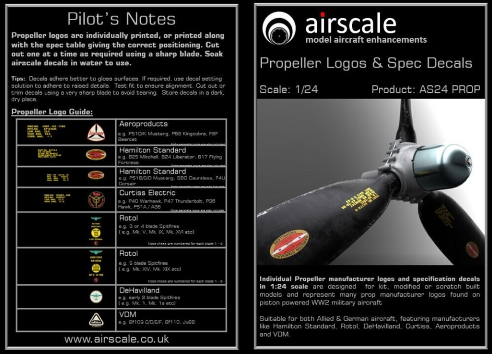 Airscale AS24PROP 1:24 Allied & Luftwaffe Propeller Blade Logo Decals