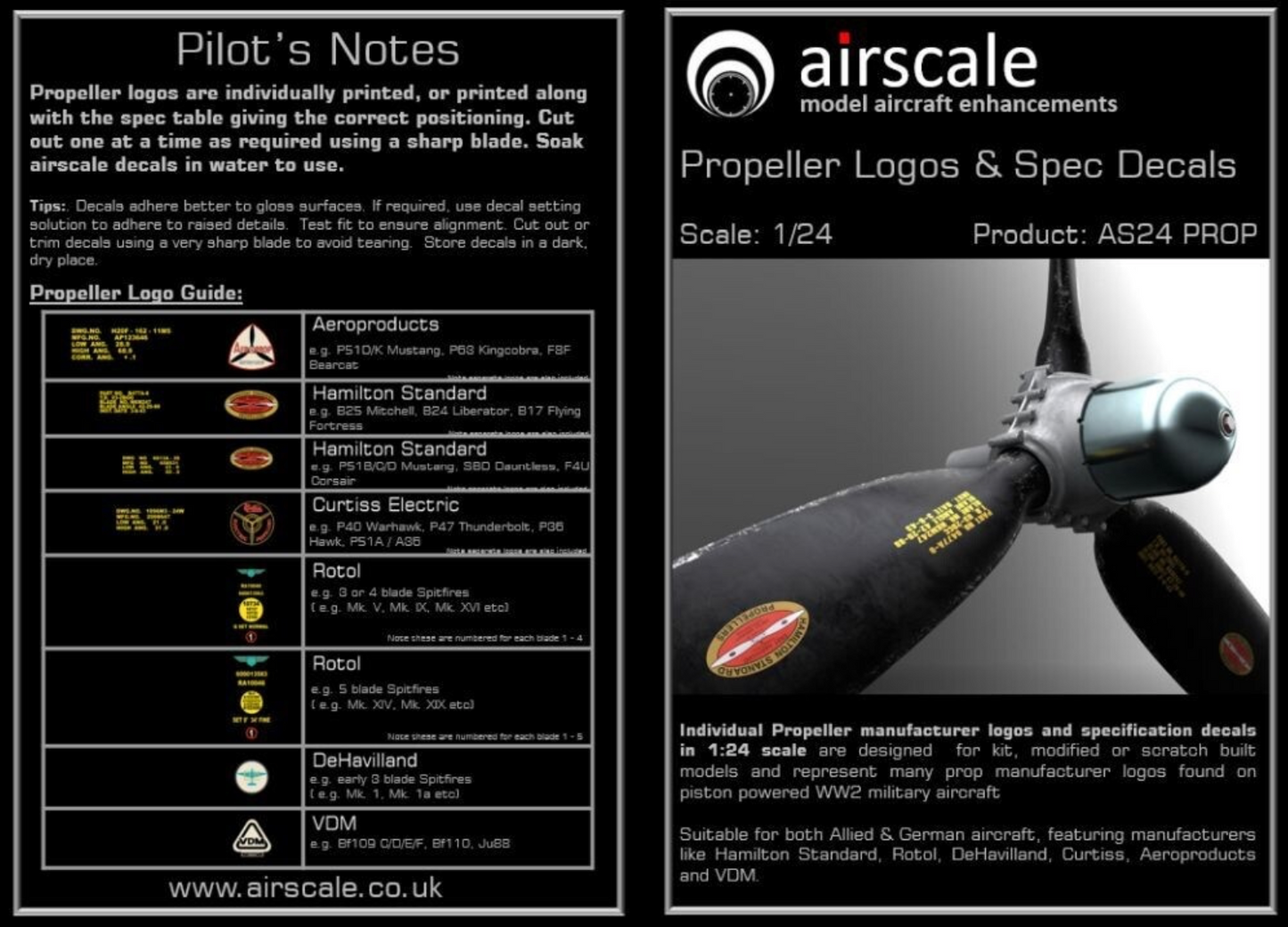 Airscale AS24PROP 1:24 Allied & Luftwaffe Propeller Blade Logo Decals