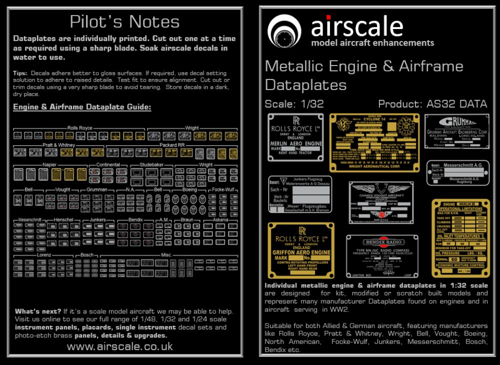 Airscale AS32DATA 1:32 Metallic Placards & Data plates Allied and Axis WWII