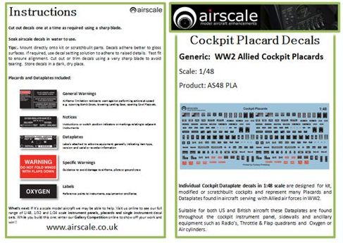 Airscale AS48PLA 1:48 Generic WWII Allied Cockpit Placards & Dataplates