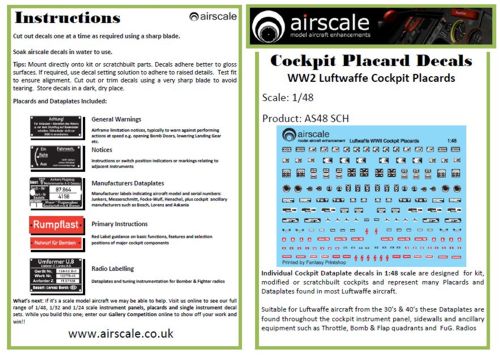 Airscale AS48SCH 1:48 WWII Luftwaffe/German Cockpit Placards
