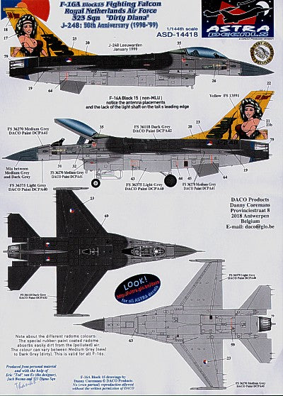 Astra Decals ASD14418 1:144 F-16A Royal Netherlands AF 323 Sqn Dirty Diana