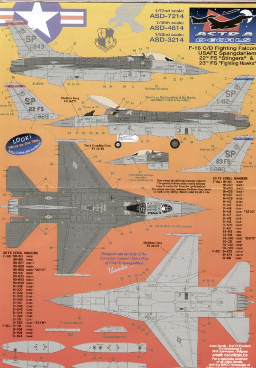 Astra Decals ASD7214 1:72 F-16C/D Fighting Falcon USAFE Spangdahlem