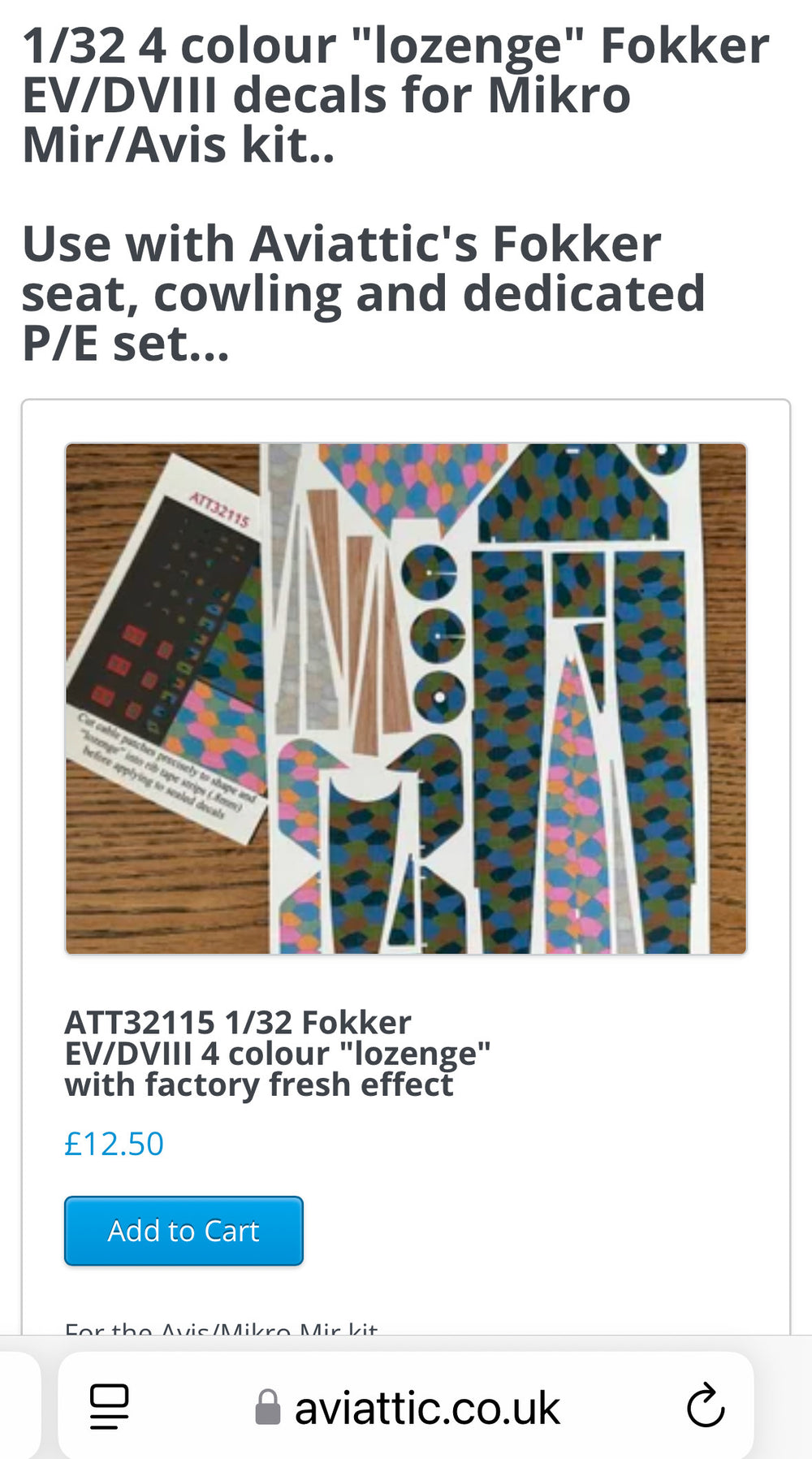 Aviattic ATT32115 1:32 Fokker E.V/D.VIII 4 colour 'lozenge'