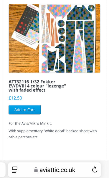 Aviattic ATT32116 1:32 Fokker E.V/D.VIII 4 colour 'lozenge'