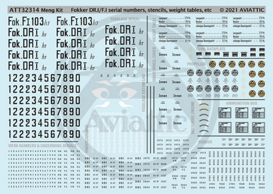 Aviattic ATT32314 1:32 Fokker F.I/Dr.I serial numbers stencils weight tables etc