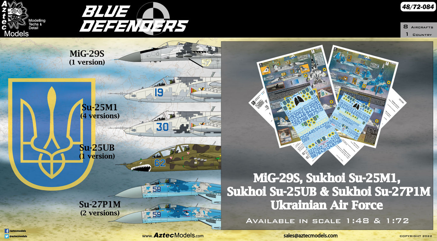 Aztec AZD72084 1:72 Blue Defenders Ukrainian MiG-29 Su-25 Su-27 Decals