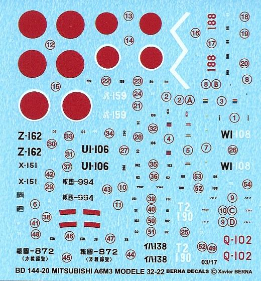 Berna Decals BER14420 1:144 Mitsubishi ZERO A6M3 Model 22-32: 2 Kokutai