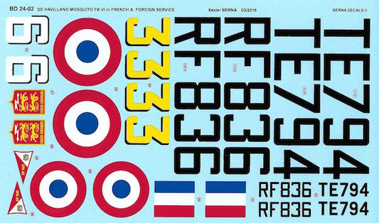 Berna Decals BER24002 1:24 de Havilland Mosquito FB Mk.VI French