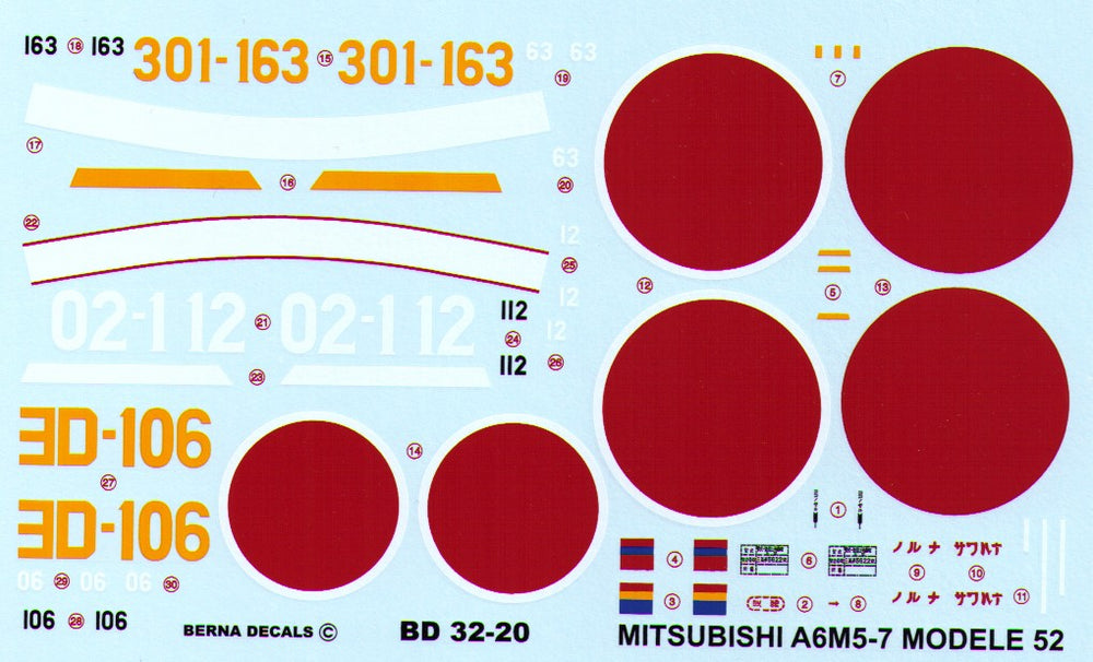 Berna Decals BER32020 1:32 Mitsubishi Zero A6M5-7 Model 52-63: Morioka