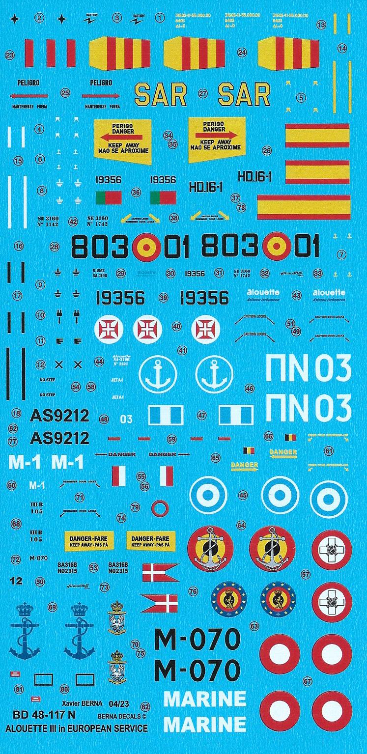 Berna Decals BER48117N 1:48 Sud Aviation Alouette III Europe