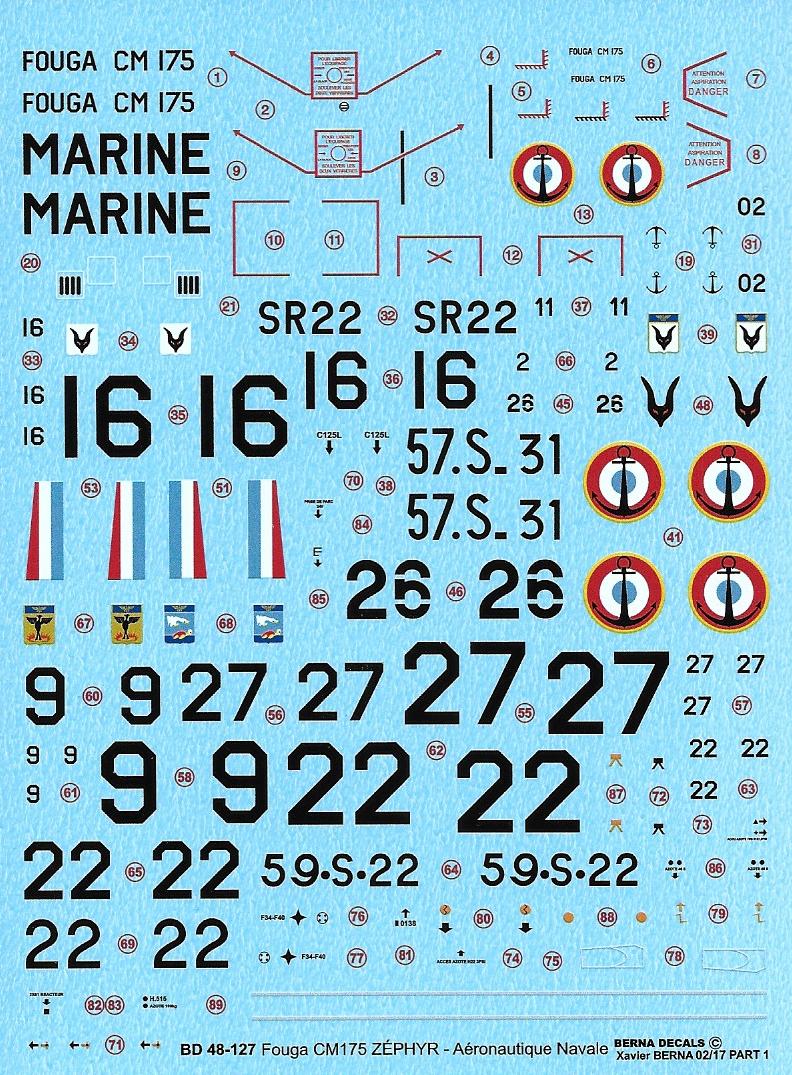 Berna Decals BER48127 1:48 Fouga CM.175 Zephyr French Aeronavale : SR22