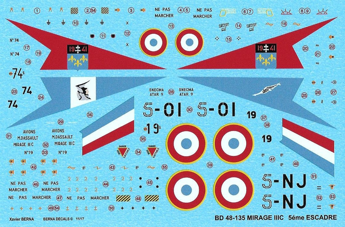 Berna Decals BER48135 1:48 Dassault_Mirage IIIC 5eme Escadre: 5-OI N deg 19