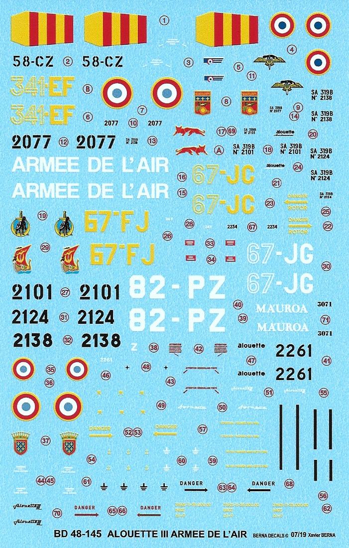 Berna Decals BER48145 1:48 Sud Aviation Alouette III SA 319 B Armee de l'Air