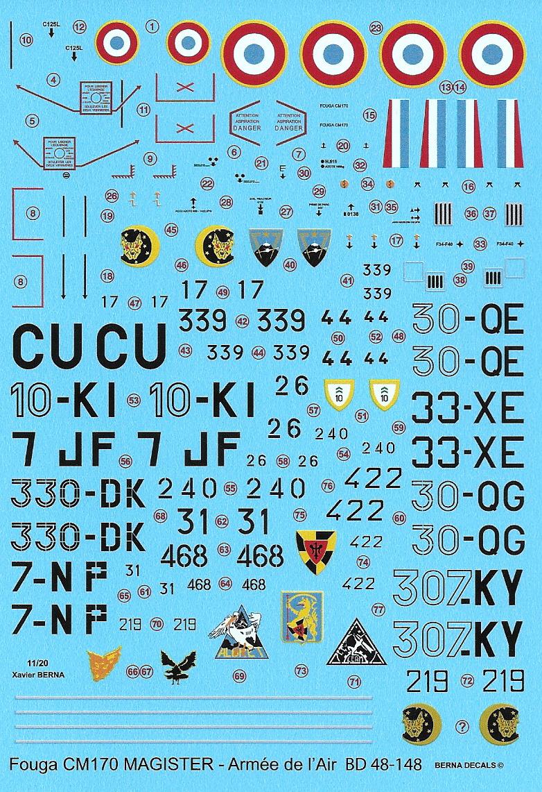 Berna Decals BER48148 1:48 Fouga CM.170 Magister French