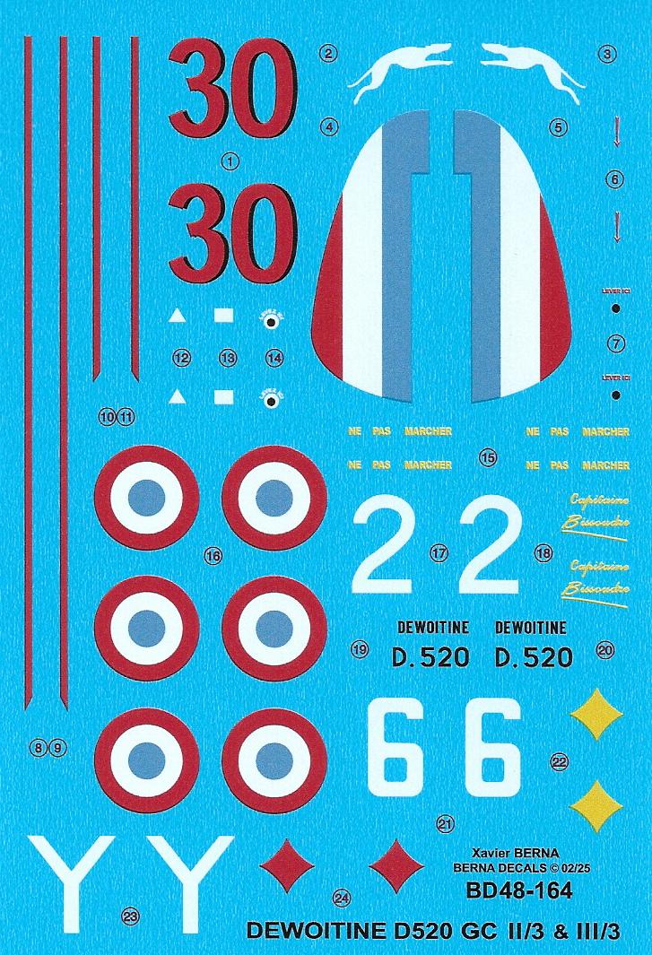 Berna Decals BER48164 1:48 Dewoitine D 520 GC II/3 & III/3: Capt