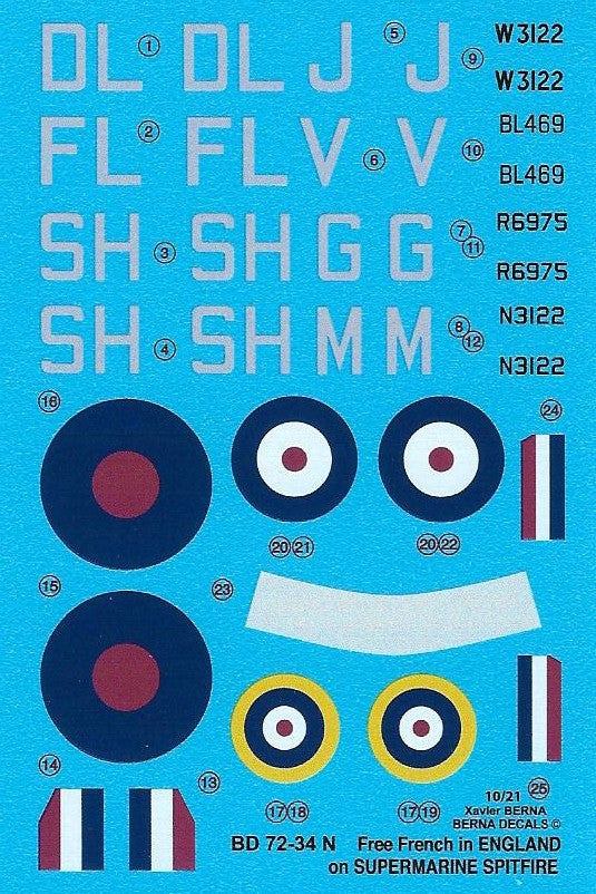 Berna Decals BER72034N 1:72 Supermarine Spitfire Mk.I & Mk.Vb free french