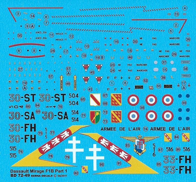 Berna Decals BER72049M 1:72 Dassault Mirage F1B Part 1