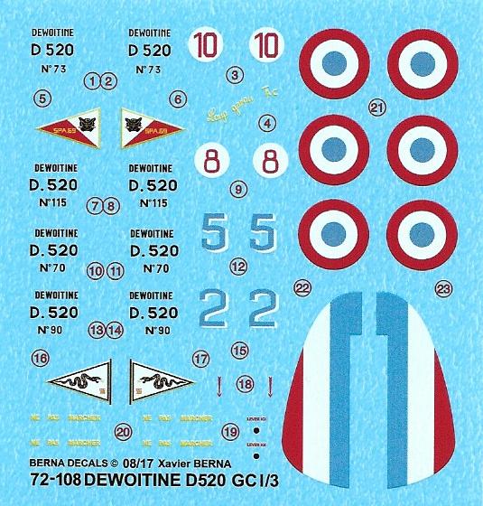 Berna Decals BER72108 1:72 Dewoitine D.520 GC I/3 Decals