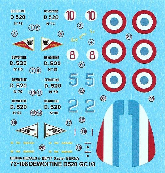 Berna Decals BER72108 1:72 Dewoitine D.520 GC I/3 Decals