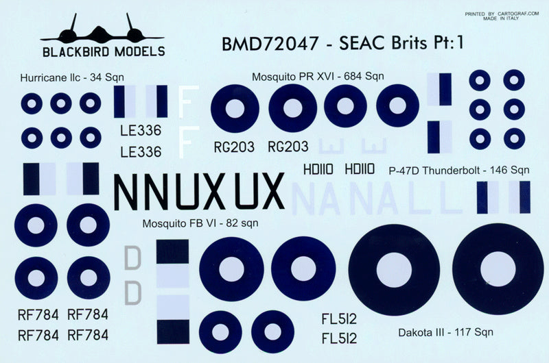 Blackbird BMD72047 1:72 SEAC Brits Pt:1 Dakota/Mosquito/Hurricane