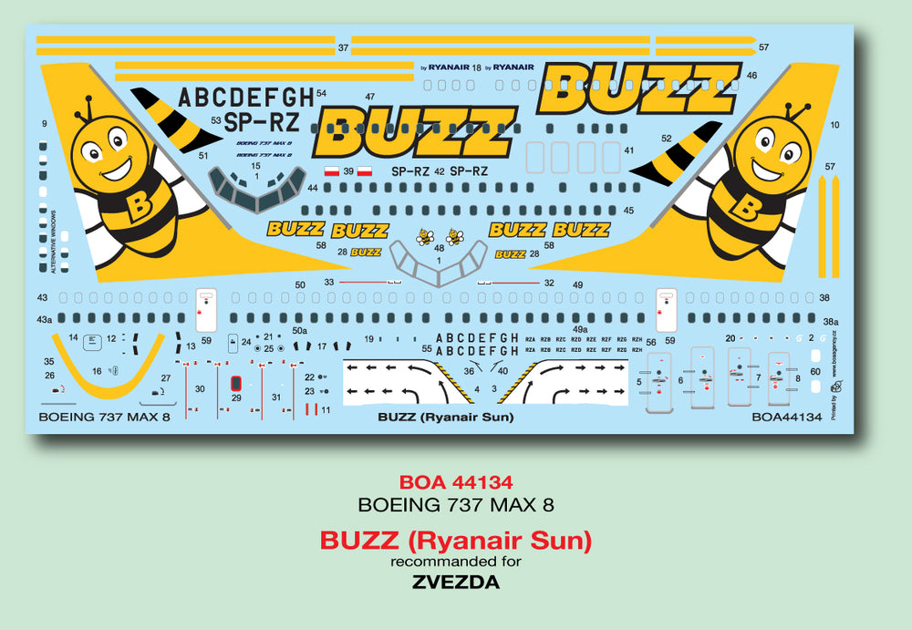 Boa Decals BOA144134 1:144 Boeing 737 MAX 8 BUZZ Ryanair Sun