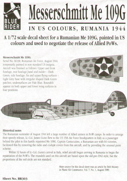Blue Rider BR303 1:72 Messerschmitt Bf-109G in US colours, Rumania 1944