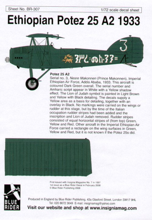 Blue Rider BR307 1:72 Ethiopian Potez 25A-2 Addis Abba 1933