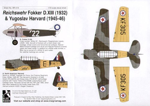 Blue Rider BR419 1:72 Fokker D.XIII & Harvard Decals