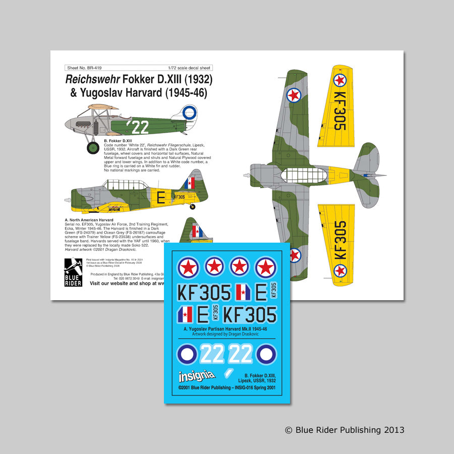 Blue Rider BR419 1:72 Fokker D.XIII & Harvard Decals
